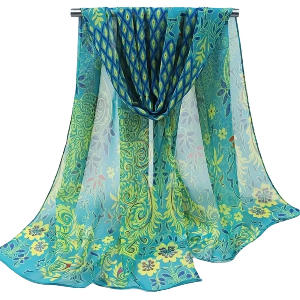 Green and Blue Peacock Sheer Summer Scarf Wrap Coverup